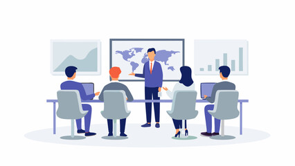 Business meeting in a modern office with a presenter showing a world map and charts on screens to colleagues seated at a table