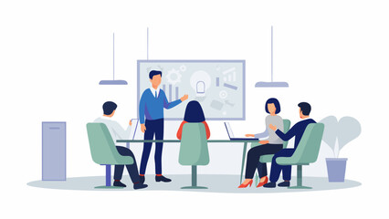 Diverse team collaborates in a modern office setting brainstorming ideas around a table with a presenter at a whiteboard