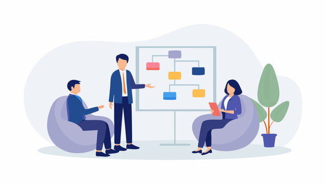 Business meeting with a presenter explaining a flowchart on a whiteboard to two seated colleagues in a modern office setting