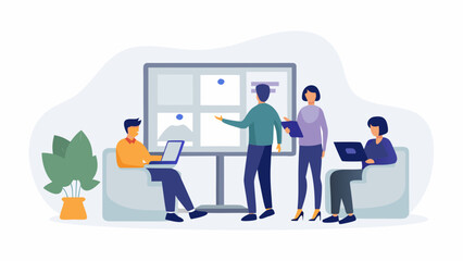 Diverse team collaborates on a project using a digital whiteboard and laptops in a modern office setting fostering teamwork and innovation