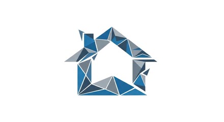 Geometric house icon comprised of blue and grey triangular shapes, on white background