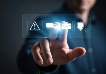 Person s finger interacting with a futuristic digital interface displaying security and alert icons