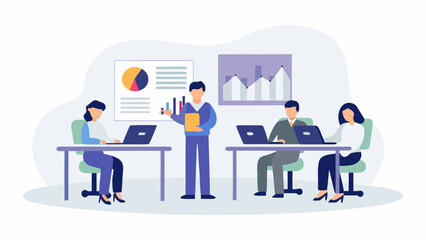 Business meeting with a presenter showing charts and graphs to colleagues working on laptops in a modern office