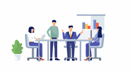 Diverse team collaborates in a modern office meeting discussing business growth with a presentation chart and laptop