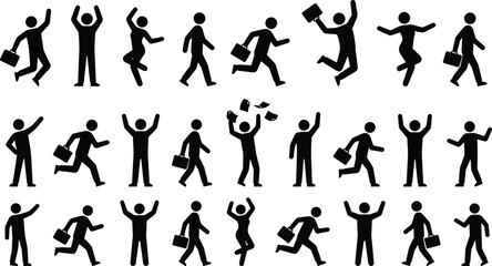 Business stick figures, dynamic poses, office actions, celebration icons, teamwork gestures, motivation concept, silhouette set, productivity, emotion, energy