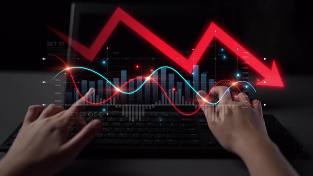 Economic caution visualized with fluctuating market graph, alert symbols, and negative data trends. Represents financial risk, market volatility, and economic uncertainty. Muxer