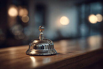 Elegant silver service bell on polished wooden counter in upscale hotel