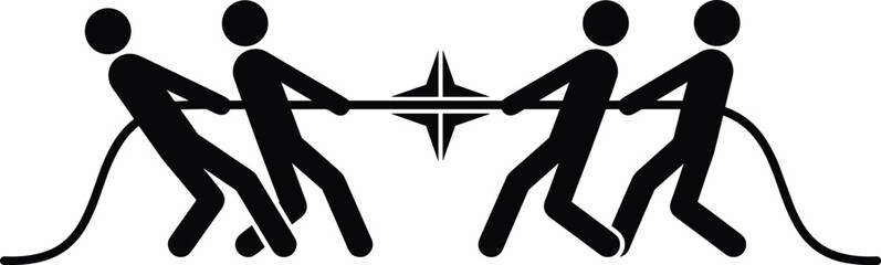 Tug-of-war silhouette, teamwork struggle, competition concept, opposing forces, business challenge, rope tension, effort pose, strategy, balance, energy
