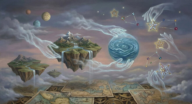 Surrealist Fantasy
Creation of the world shown as floating elements&mdash;oceans, mountains, stars&mdash;assembled by invisible hands, dreamlike surrealism, vivid imaginative details.