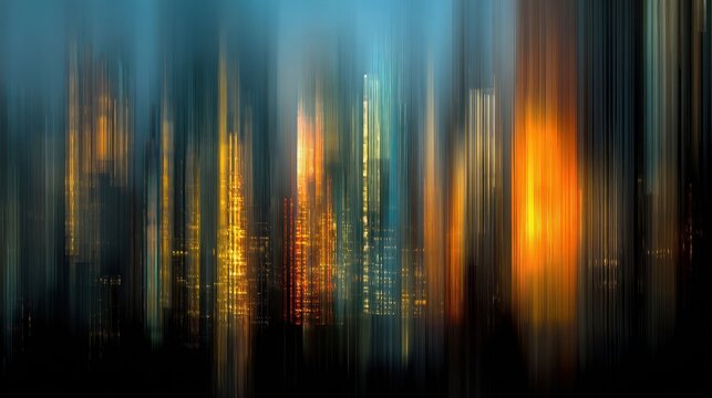 Dynamic abstract city skyline lights with vibrant blurred vertical streaks