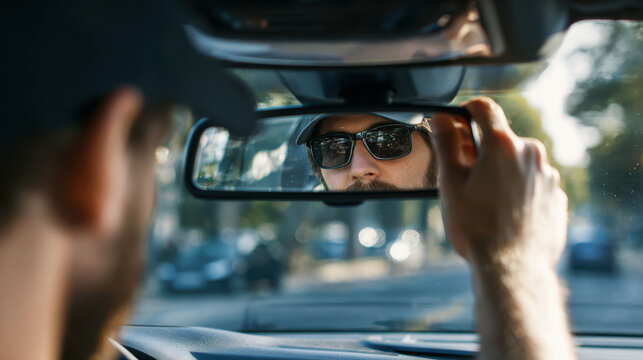 Male driver adjusting rearview mirror in car