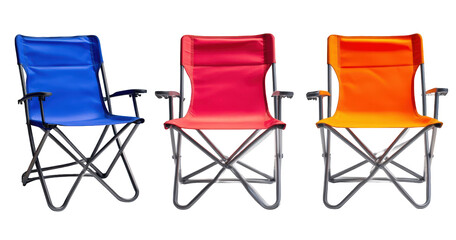 Three vibrant folding camping chairs isolated on transparent background, displaying a spectrum of colors and offering a convenient seating option for outdoor activities