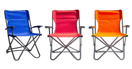 Three vibrant folding camping chairs isolated on transparent background, displaying a spectrum of colors and offering a convenient seating option for outdoor activities
