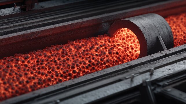 Glowing Hot Metal as it Moves Through Industrial Machinery in a Foundry Process