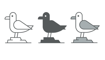 Three stylized seagulls depicted in outline, silhouette, and flat design on simple bases.