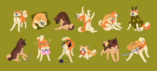 Funny set of Akita or Shiba Inu. Cute Japanese breed dog has fun, plays with toy, sleeps and brings mail. Puppies are crying, working and in Christmas ugly sweater. Flat isolated vector illustrations