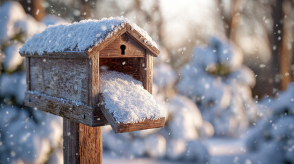Wooden mailbox receiving snowfall in cold winter scenery