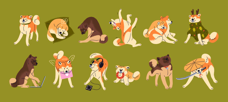 Funny set of Akita or Shiba Inu. Cute Japanese breed dog has fun, plays with toy, sleeps and brings mail. Puppies are crying, working and in Christmas ugly sweater. Flat isolated vector illustrations