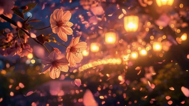 夜桜ライトアップの下で花びらが舞い散る幻想映像