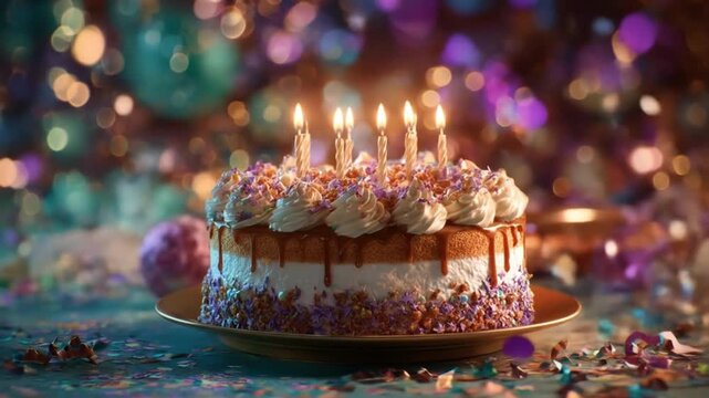 Frosted birthday cake with lit candles, sprinkles, and confetti on a colorful, glow-lit table. Yeah!