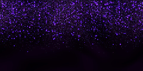 Sparkling purple lametta bg with strass pattern and glowing effect. Star shower or rain abstract vector background. Luxury metallic sequin curtain. Falling shining particles on black background