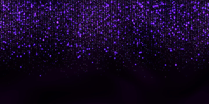 Sparkling purple lametta bg with strass pattern and glowing effect. Star shower or rain abstract vector background. Luxury metallic sequin curtain. Falling shining particles on black background