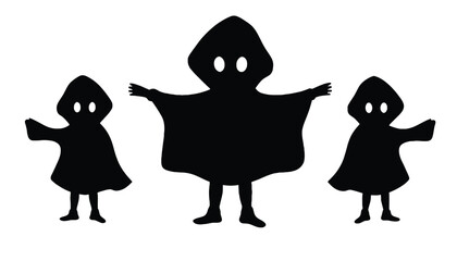 Three stylized figures in hooded cloaks with wide open arms, symbolizing welcome or embrace.