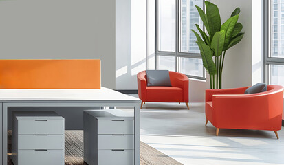 Bright modern open-plan office interior with clean workstations and colorful partition panels
