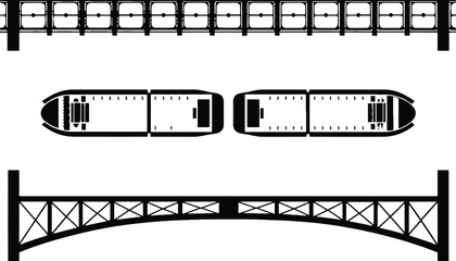 Modern transportation infrastructure with elevated train and barges