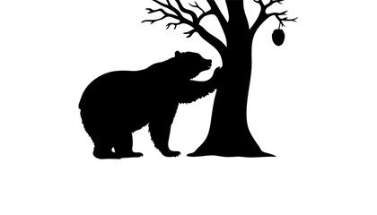 Black bear reaching for fruit on a bare tree silhouette in a whimsical illustration