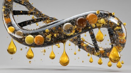 Abstract 3D Rendering of DNA Helix with Colorful Droplets and Liquid Elements for Scientific Visualization