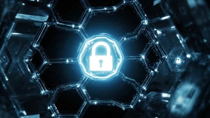 Futuristic tunnel interior with lock icons amidst hexagonal network, digital concept - FOOTAGE - Powered by Adobe