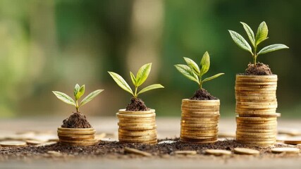 Tiny sprouts rise from stacked coins on soil, symbolizing growth, savings, and steady progress daily