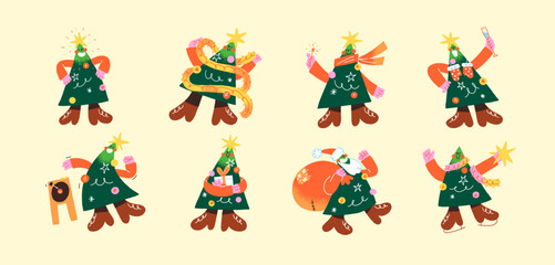 Christmas trees with happy face set. Cute Xmas firs decorated with star, garland and balls celebrate winter holidays. Funny firtrees with gifts. Flat isolated vector illustrations on white background