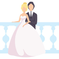Pixel Art Bride And Groom Standing Together In Wedding Attire With A Light Blue Railing In The Background
