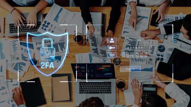 A corporate team strategically collaborates on implementing two-factor authentication processes with digital tools and data visuals in a modern office environment. Raster