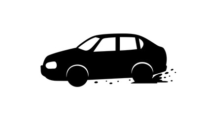 Sleek black sedan speeding away, kicking up dust and debris.