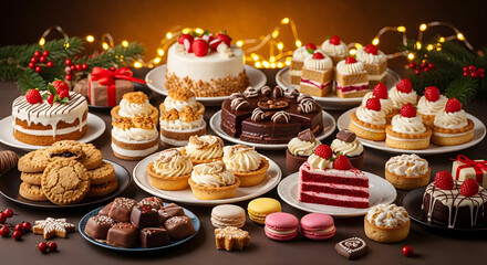 Abundance of Delicious Holiday Desserts: Cakes, Cookies, Tarts, and Macarons Illuminated by Festive Lights