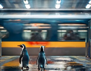 Fototapeta premium Zwei Pinguine warten auf dem Bahnsteig auf einen Zug. 