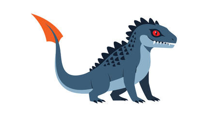 Naklejka premium A fierce-looking blue fantasy monster or dragon with red eyes spiky scales and a vibrant orange-tipped tail on a white background.