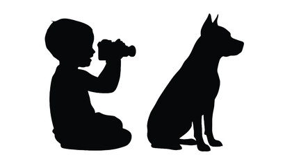 Curious child and loyal dog silhouette exploring the world together