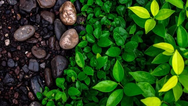 A natural split-screen displays dark pebbles and lush green foliage with a subtle gradient of yellow