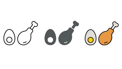 Simple icons of a fried chicken leg and a boiled egg in outline, solid, and color styles