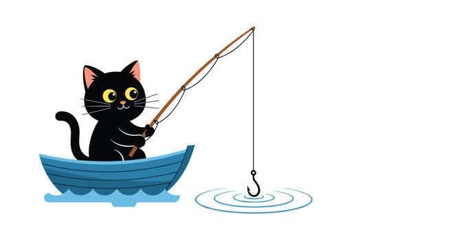 A cute black cat is happily fishing from a small blue boat on the water with a fishing rod and an empty hook in the water.