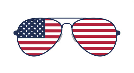 A pair of classic aviator sunglasses displays a reflection of the American flag with stars and stripes in a patriotic concept illustration.