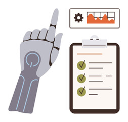 Robotic hand gestures towards data chart clipboard with checklist. Ideal for automation, efficiency, data analysis, process improvement, technology advancement, robotics integration, simple flat