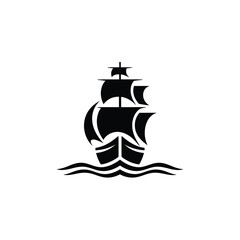 Black silhouette of a vintage sailing ship on wavy water
