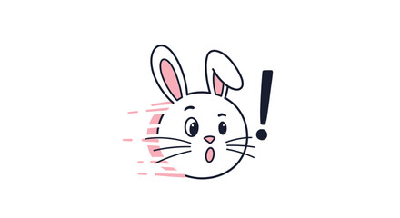 Fototapeta premium A surprised cartoon rabbit head with pink speed lines dashes away in alarm next to a bold black exclamation mark on a white background.