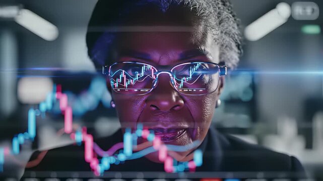 A woman with glasses intently focuses on a computer screen in this close up shot, perfectly capturing the concept of focused productivity, inviting buyers to explore its potential uses in.