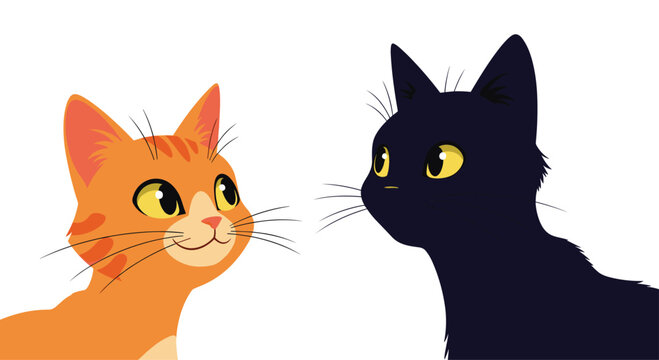 An adorable orange tabby cat and a sleek black cat are looking at each other in a charming and friendly cartoon illustration.